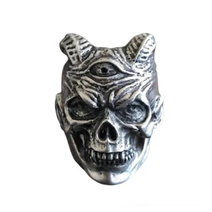 Close-up front view of gothic demon skull biker ring showing intricate carved details and sharp fangs