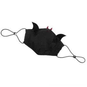Black gothic mask with adjustable elastic ear loops and red horn decorative accents, angled product view