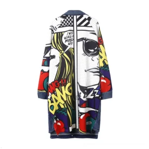 Black denim patchwork trench coat with pop art comic graphic print back view