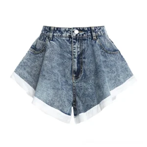 Acid wash denim ruffle shorts featuring contrast white rolled hem detail and classic button hardware