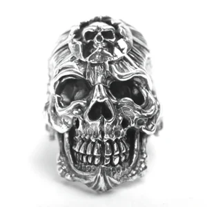 925 sterling silver devil skull gothic ring frontal view carved skull design