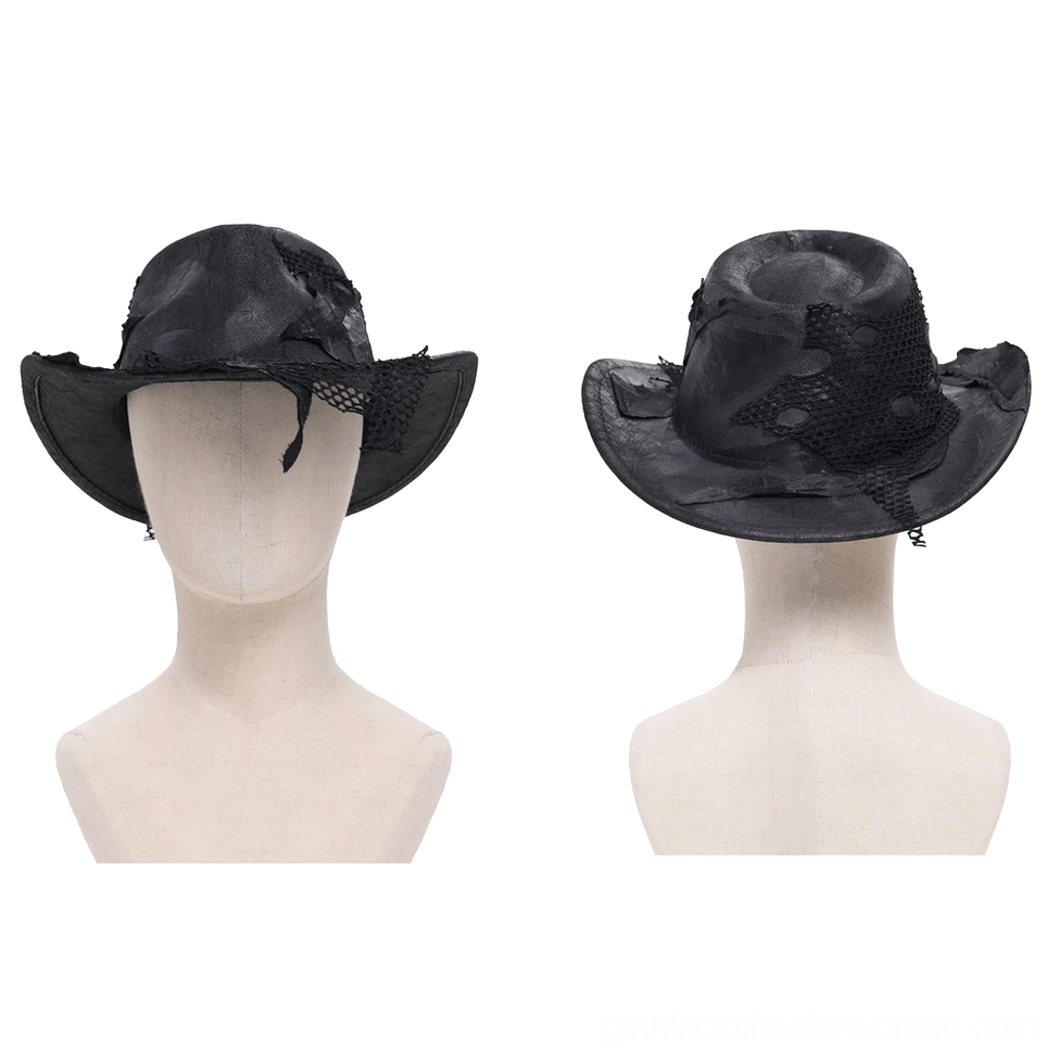 Black distressed gothic cowboy hat front view on mannequin head with hanging mesh detail