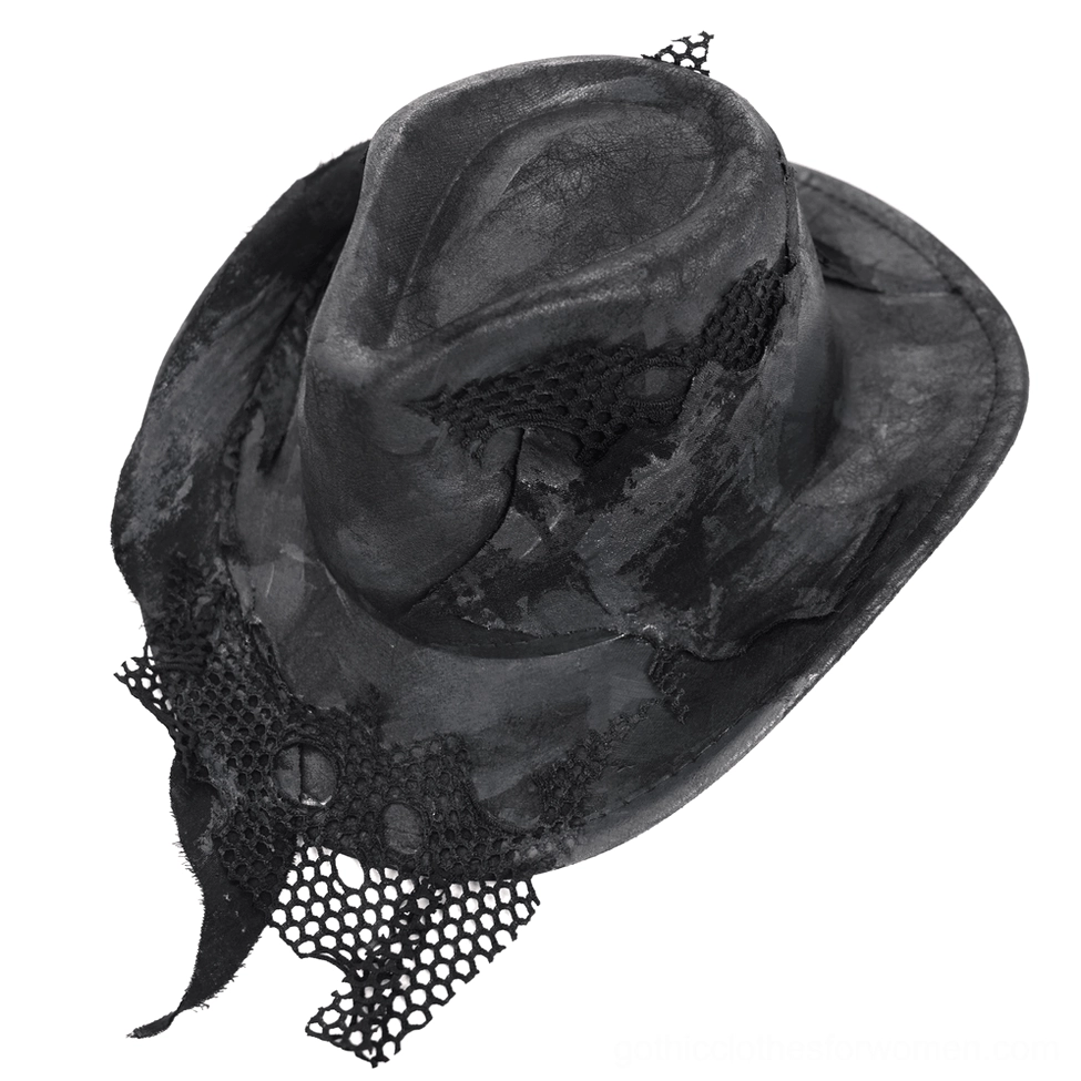 Black gothic cowboy hat showing complete distressed finish and worn aesthetic from multiple angles