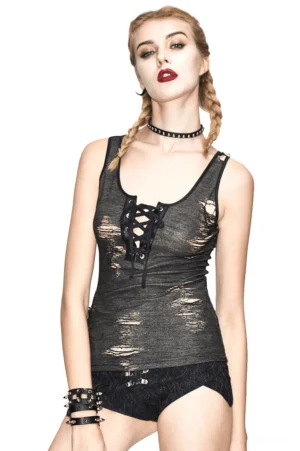 Black distressed gothic lace-up tank top front view on model with braids - steampunk sleeveless deep v neckline