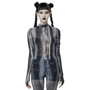 Front view of distressed mesh gothic long sleeve crop top worn by model with double braided buns, showing sheer gray distressed print and mock neck detail