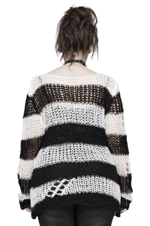 Back view of distressed mohair striped gothic sweater showing full stripe pattern and torn hem details