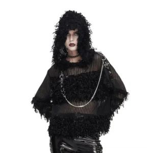 Black distressed sheer gothic hoodie with detachable metal chain worn by female model, front three-quarter view showing fuzzy frayed trim details