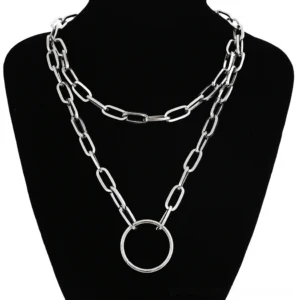 Double layer silver chain necklace with circular open ring pendant on black mannequin bust, bold paperclip link chains gothic style
