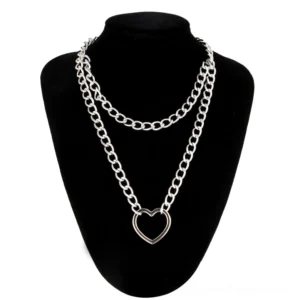 Silver double layer chain choker necklace with heart pendant on black jewelry mannequin front display