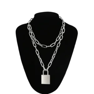 Double layer silver padlock chain necklace with square hollow lock pendant displayed on black mannequin bust, front view with paperclip link chains