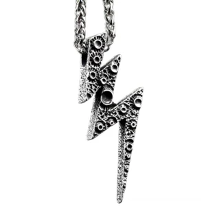 Double lightning bolt gothic pendant necklace with distressed silver finish and vintage dotted texture, oblique frontal view on white background