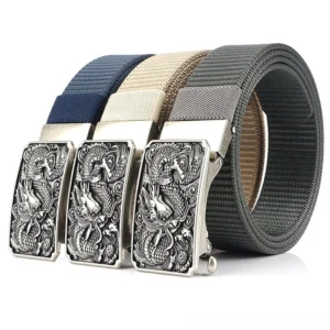 Collection of three dragon buckle tactical belts showcasing silver and gold metal finishes on nylon straps