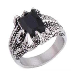 Dragon claw black onyx gothic ring stainless steel prong setting oblique view