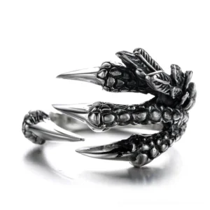 Dragon claw open adjustable ring with 3D oxidized silver-black finish, front and side view on plain white background