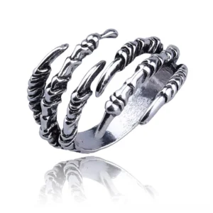 Dragon claw gothic open ring in antique silver - front three-quarter view showing intricate skeleton claw design with textured finish