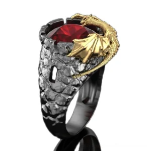 Black dragon claw gothic ring with red gemstone, three-quarter left view on white background showcasing gold dragon ornament and textured band