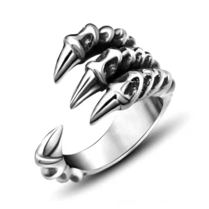 Dragon claw gothic biker ring front oblique view, stainless steel silver tone with detailed claw engravings
