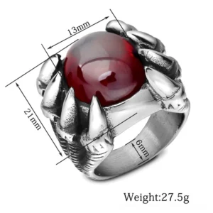 Dragon claw ring side profile view, polished silver finish, 8mm band width, approximately 27.5g weight