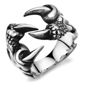 Dragon claw gothic ring top-left oblique view showing vintage silver stainless steel multi-claw open design