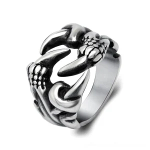 Antique silver dragon claw gothic statement ring front top oblique angle displaying hollow 3-claw design