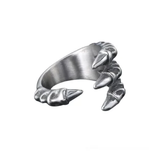 Dragon claw ring side profile showing brushed metal finish and multi-claw carved details, silver stainless steel