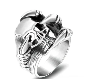 Dragon claw skull gothic ring top oblique view stainless steel silver