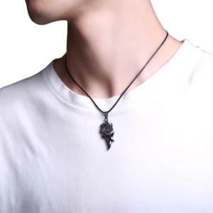 Unisex rock style dragon pendant necklace worn on male model, casual white t-shirt styling, gunmetal black finish