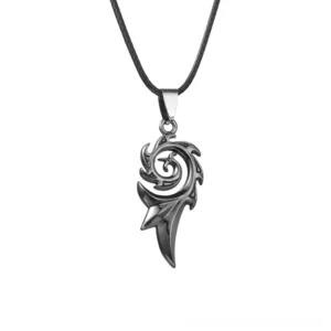 Dragon flame gothic pendant necklace front flat lay view, hollow spiral flame design in gunmetal stainless steel