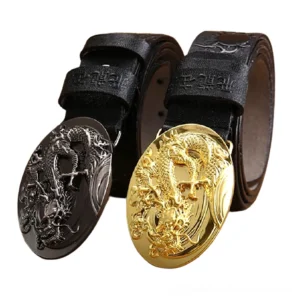 Dragon buckle gothic leather belt - front oblique view showing gunmetal and gold metal buckle options on black leather