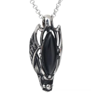 Dragon head stainless steel gothic pendant necklace with inlaid black marquise stone, silver-black finish, overhead front view