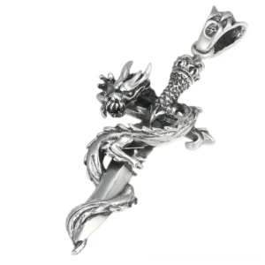 Sterling silver dragon sword gothic pendant - top oblique view showing intricate 3D dragon design wrapped around ornate medieval sword
