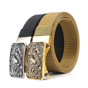 Multi-color tactical nylon belts with embossed dragon zinc alloy buckles displayed in front view