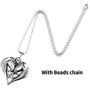 Gothic heart pendant necklace with dual horses on twisted chain, full lay-flat display showing complete necklace configuration with beaded chain