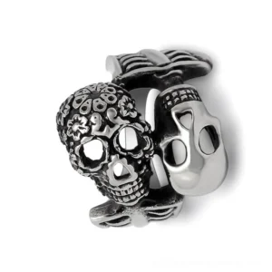 Skeleton bone styled biker ring side profile view displaying skull detail and polished band structure