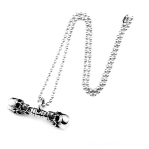 Double skull gothic pendant necklace front view on bead chain, vintage silver stainless steel