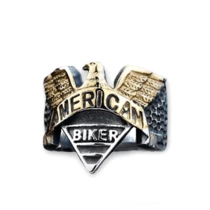 Two-tone gold and silver eagle biker signet ring with engraved American Biker text and hammered texture detail