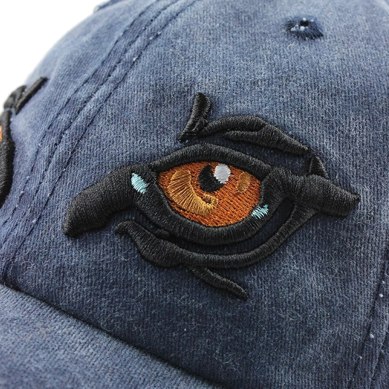 Single eagle eye embroidery side view washed navy cotton 3D stitched detail alternative wear