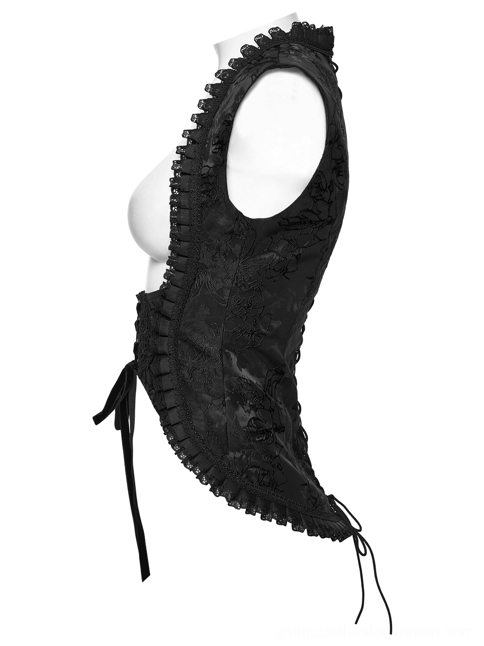 Embroidered Brocade Gothic Corset Vest - Side Mannequin View with Curved Ruffled Hem