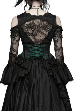 Black lace-up back view of emerald jacquard gothic corset with ruffled black skirt, rear three-quarter perspective showing beaded tassel hem detail