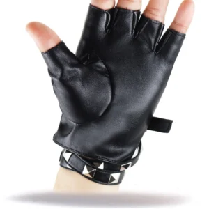 Single fingerless gothic leather glove front back-of-hand view showing sleek black PU material