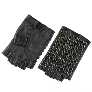 Two fingerless leather gloves side view showing stud detailing and wrist cuff – metallic rivet embellished goth gloves