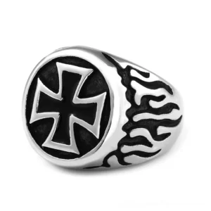 Flaming cross biker ring stainless steel gothic jewelry three-quarter front view