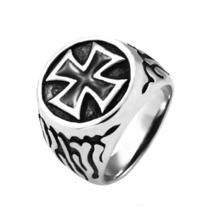 Vintage silver-black cross ring with engraved flame details direct front angle