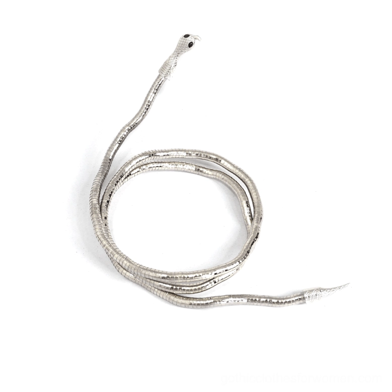 Bendable silver zinc alloy snake jewelry flat lay on white background showing full flexible length
