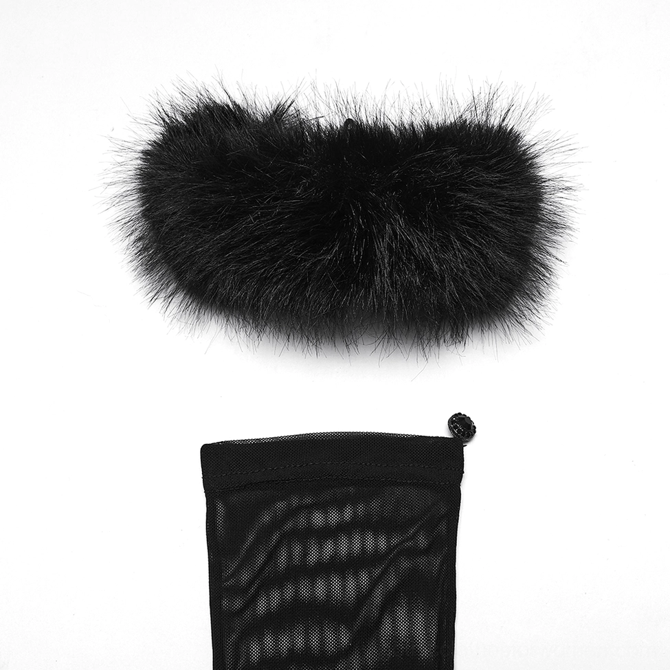 Fluffy black fur cuff with detachable feature and black mesh drawstring storage bag, flat lay product shot