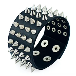 Four-row spike gothic leather bracelet oblique view showing geometric cone spike alignment on black PU leather cuff