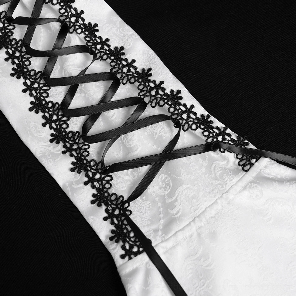 Gothic lace blouse front corset lacing detail showing ribbon ties, button placement, and precision corset construction on ivory base