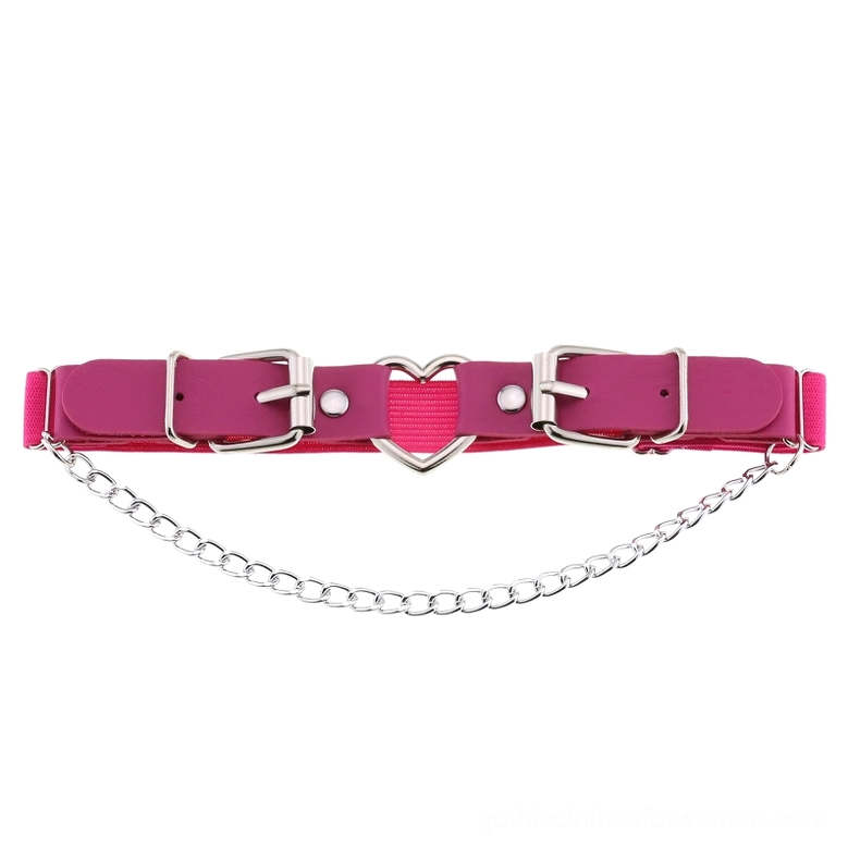 Fuchsia magenta garter belt with heart-shaped buckle and hanging silver chain, bold gothic statement