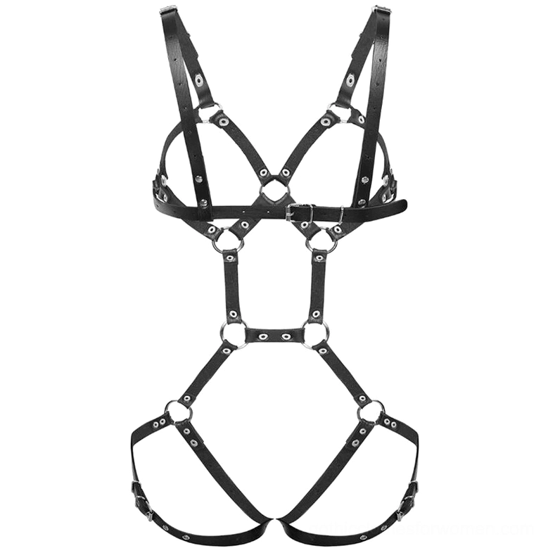 Full coverage black leather body harness with open cup bra and thigh straps metal accents