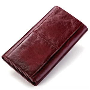 Folded long leather wallet front view showing smooth oil-wax burgundy leather finish
